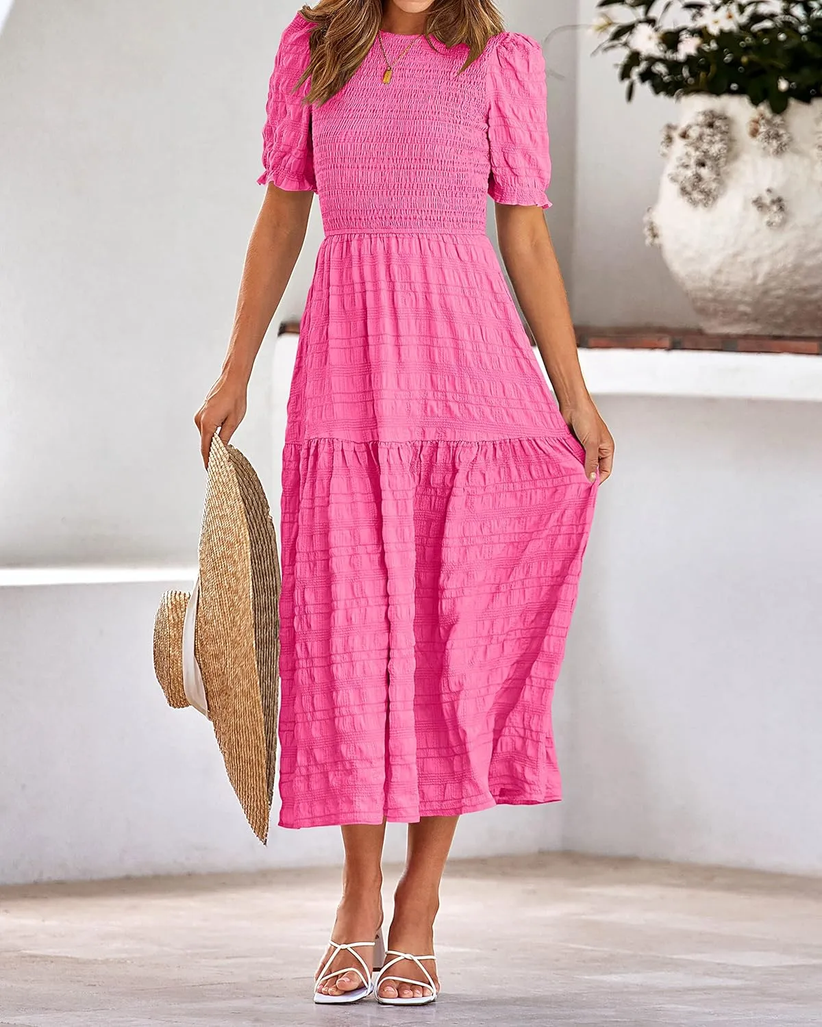 dowerme Womens Summer Dresses 2025 Casual Puff Short Sleeve Crewneck Smocked Flowy Ruffle Boho Beach Party Maxi Sundress