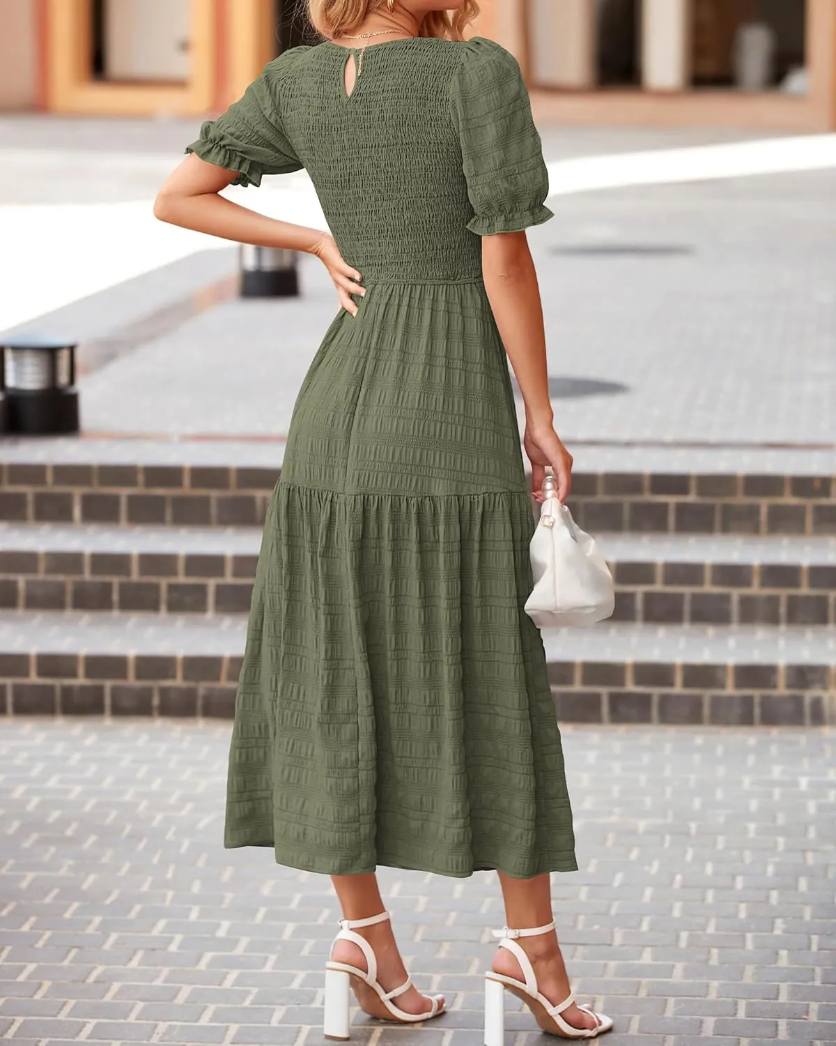 dowerme Womens Summer Dresses 2025 Casual Puff Short Sleeve Crewneck Smocked Flowy Ruffle Boho Beach Party Maxi Sundress