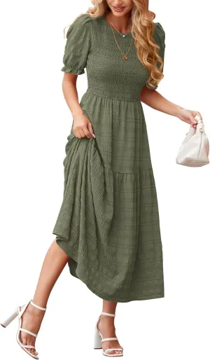 dowerme Womens Summer Dresses 2025 Casual Puff Short Sleeve Crewneck Smocked Flowy Ruffle Boho Beach Party Maxi Sundress