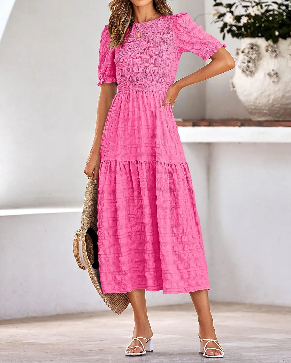 dowerme Womens Summer Dresses 2025 Casual Puff Short Sleeve Crewneck Smocked Flowy Ruffle Boho Beach Party Maxi Sundress