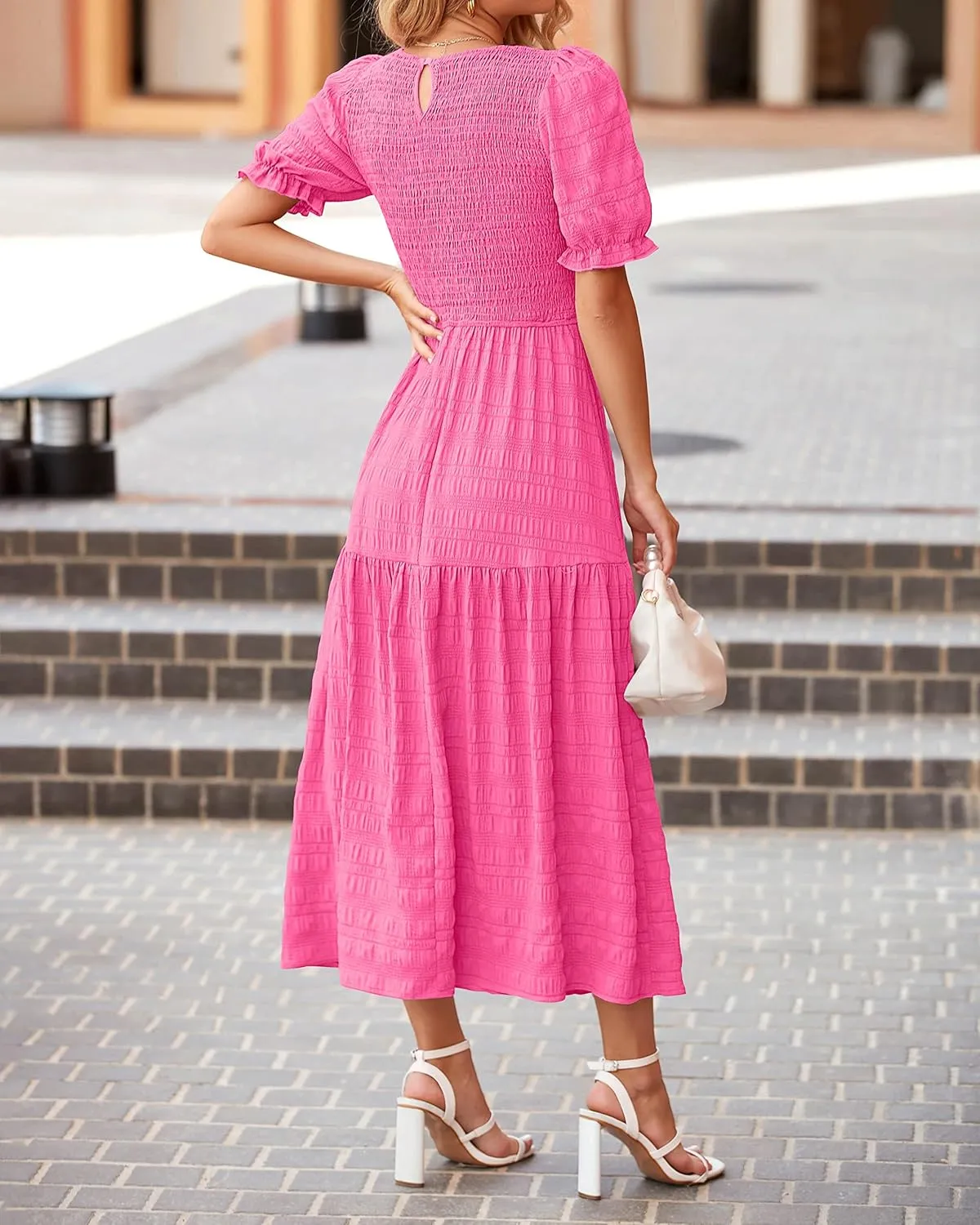 dowerme Womens Summer Dresses 2025 Casual Puff Short Sleeve Crewneck Smocked Flowy Ruffle Boho Beach Party Maxi Sundress