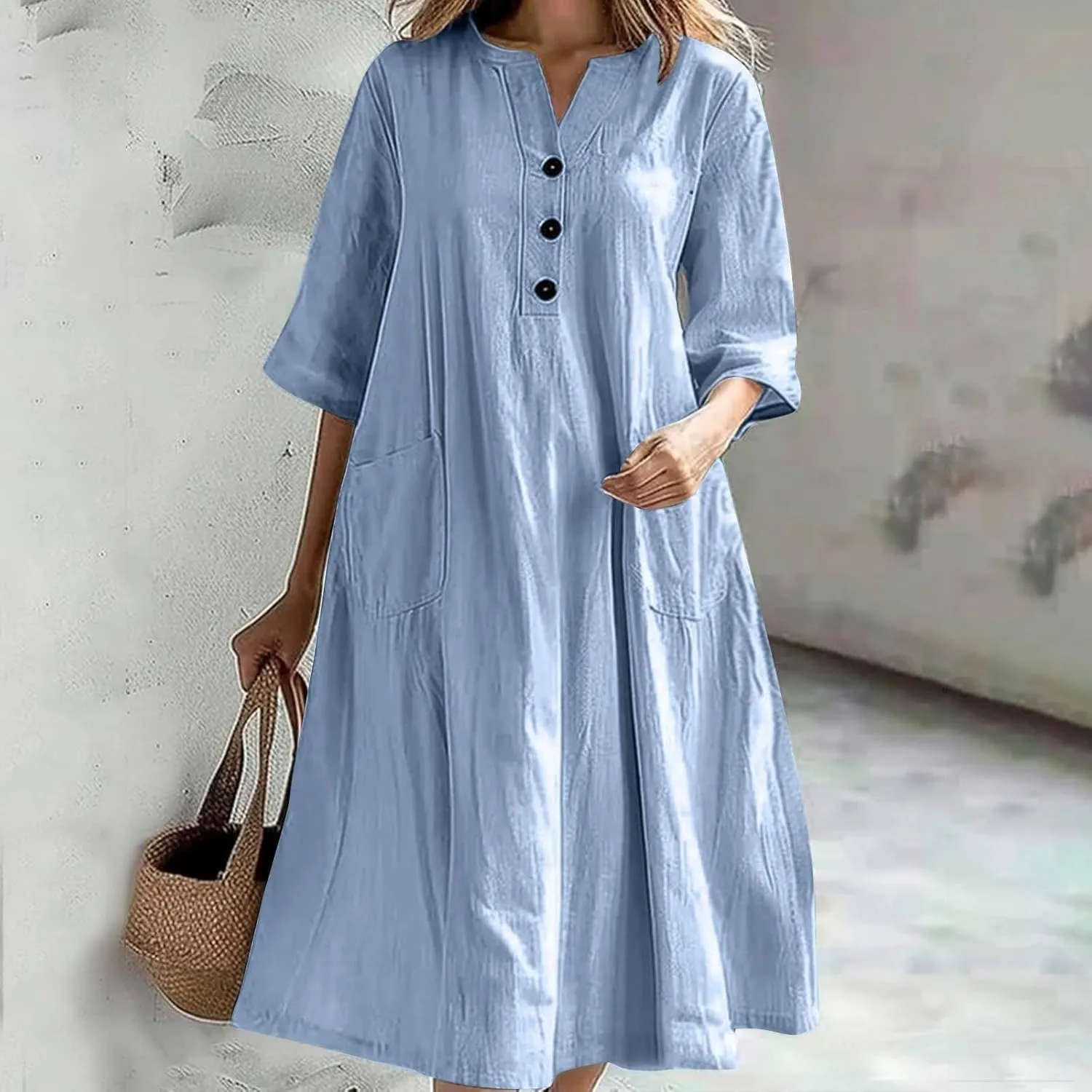 Dress for Women Trendy Cotton Linen Casual Dress V Neck Loose Maxi Dresses with Pockets 3/4 Length Sleeve Shirt Dress