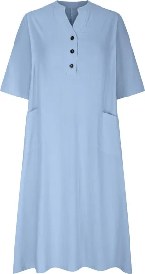 Dress for Women Trendy Cotton Linen Casual Dress V Neck Loose Maxi Dresses with Pockets 3/4 Length Sleeve Shirt Dress