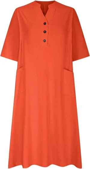 Dress for Women Trendy Cotton Linen Casual Dress V Neck Loose Maxi Dresses with Pockets 3/4 Length Sleeve Shirt Dress