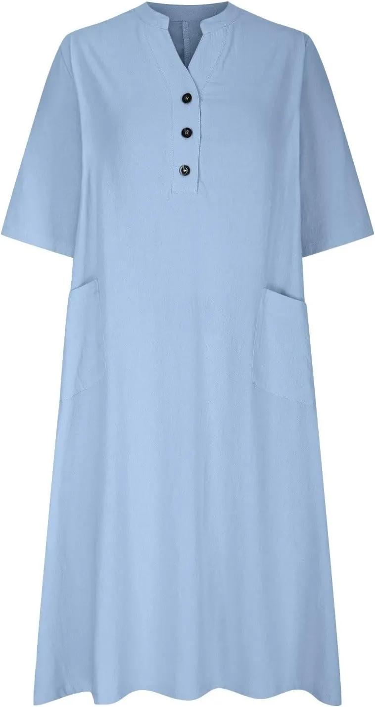 Dress for Women Trendy Cotton Linen Casual Dress V Neck Loose Maxi Dresses with Pockets 3/4 Length Sleeve Shirt Dress