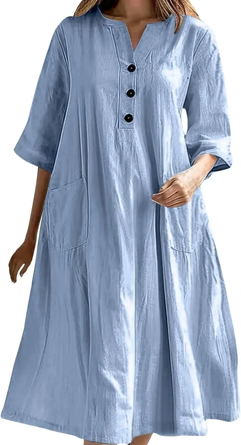 Dress for Women Trendy Cotton Linen Casual Dress V Neck Loose Maxi Dresses with Pockets 3/4 Length Sleeve Shirt Dress