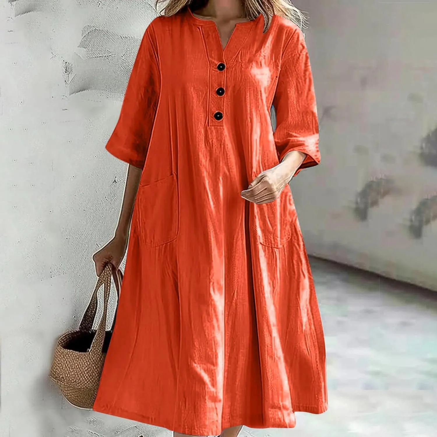 Dress for Women Trendy Cotton Linen Casual Dress V Neck Loose Maxi Dresses with Pockets 3/4 Length Sleeve Shirt Dress