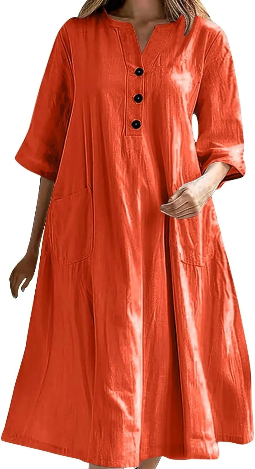 Dress for Women Trendy Cotton Linen Casual Dress V Neck Loose Maxi Dresses with Pockets 3/4 Length Sleeve Shirt Dress