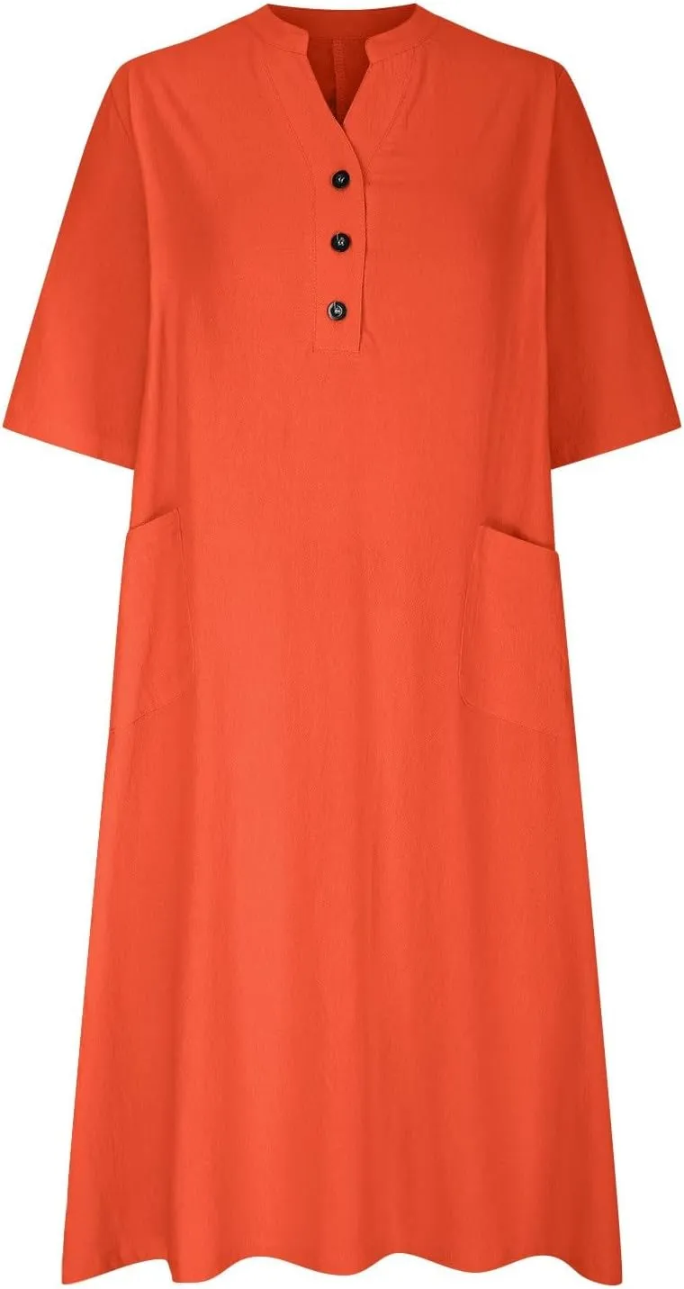 Dress for Women Trendy Cotton Linen Casual Dress V Neck Loose Maxi Dresses with Pockets 3/4 Length Sleeve Shirt Dress