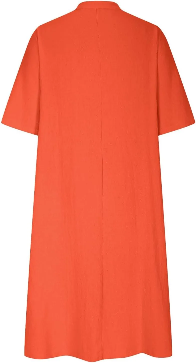 Dress for Women Trendy Cotton Linen Casual Dress V Neck Loose Maxi Dresses with Pockets 3/4 Length Sleeve Shirt Dress