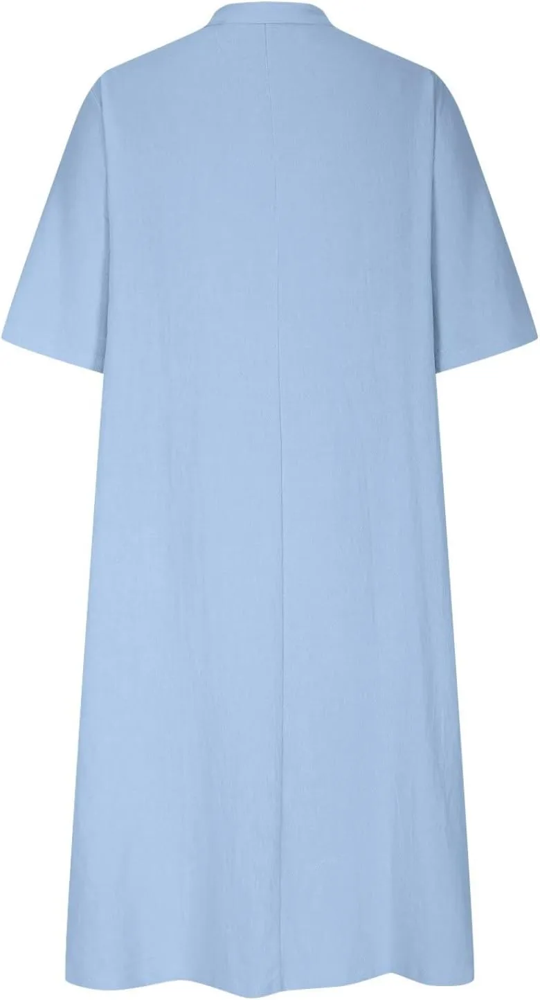 Dress for Women Trendy Cotton Linen Casual Dress V Neck Loose Maxi Dresses with Pockets 3/4 Length Sleeve Shirt Dress