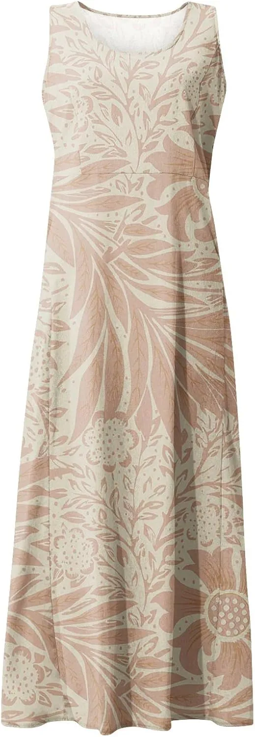 Dresses for Women 2024 Casual Round Neck Floral Print Dresses with Pockets Beach Sleeveless Flowy Long Dress