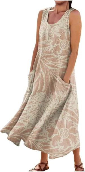 Dresses for Women 2024 Casual Round Neck Floral Print Dresses with Pockets Beach Sleeveless Flowy Long Dress