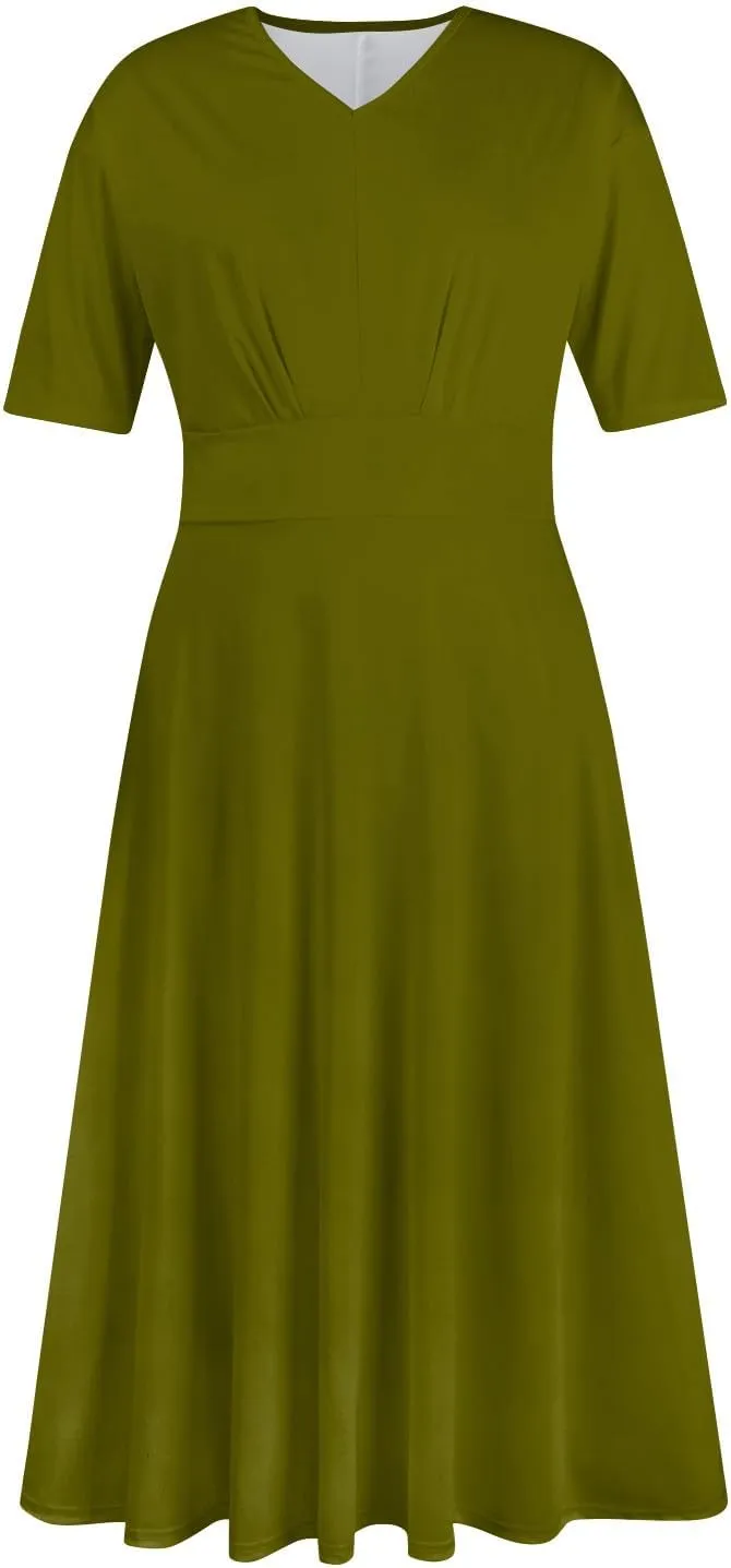 Dresses for Women 2024 Printing Short Sleeve Maxi Dresses A-Line Swing Dress Waist V Neck Comfy Beach Dress