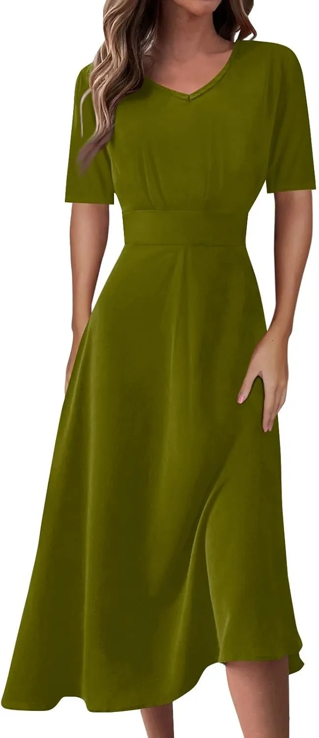 Dresses for Women 2024 Printing Short Sleeve Maxi Dresses A-Line Swing Dress Waist V Neck Comfy Beach Dress