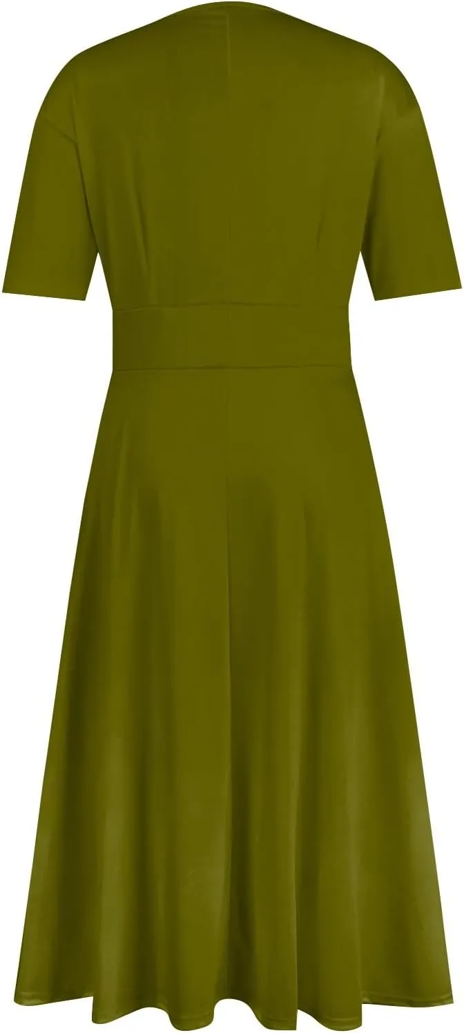Dresses for Women 2024 Printing Short Sleeve Maxi Dresses A-Line Swing Dress Waist V Neck Comfy Beach Dress