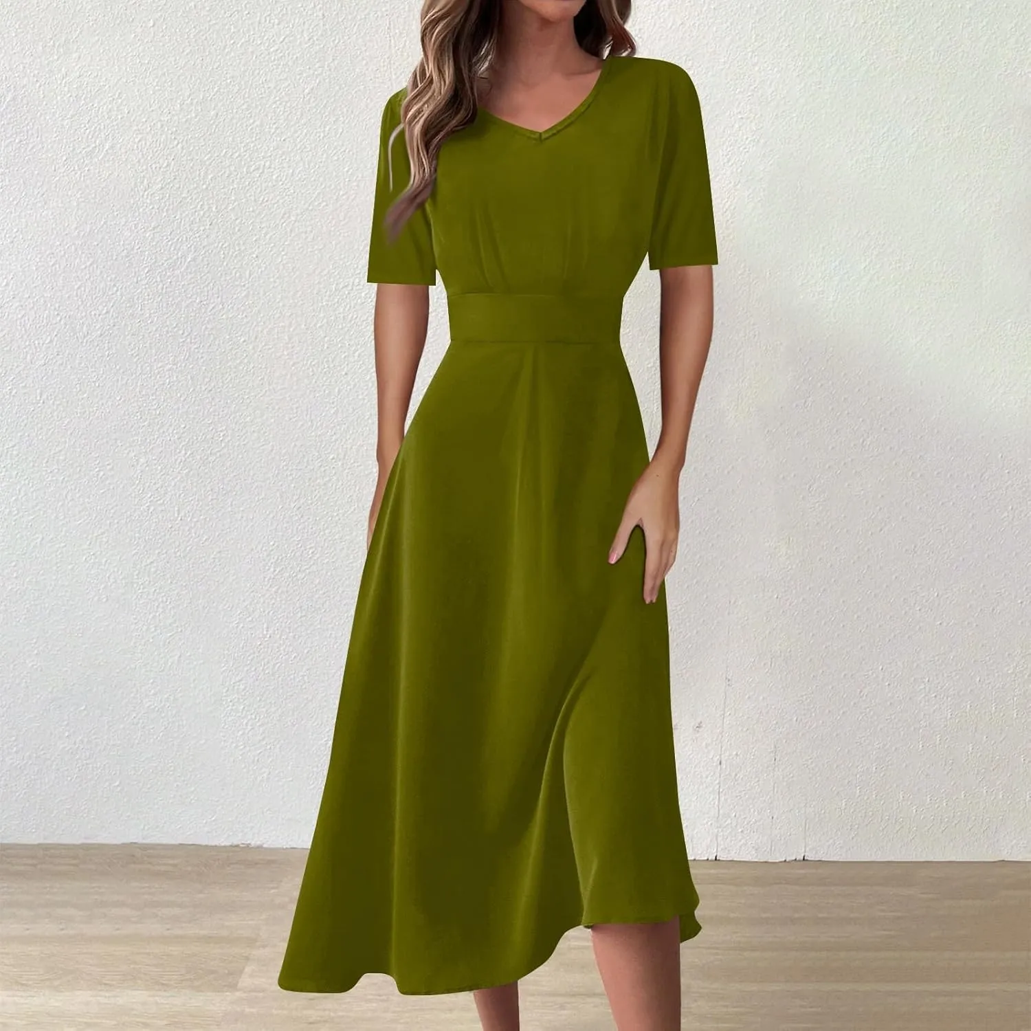 Dresses for Women 2024 Printing Short Sleeve Maxi Dresses A-Line Swing Dress Waist V Neck Comfy Beach Dress