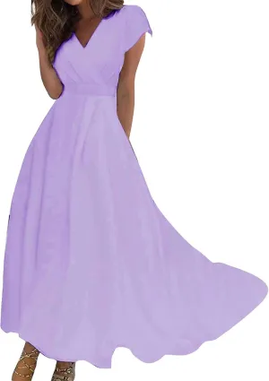 Dresses for Women 2024 Wrap V Neck Flowy Sundresses Cap Sleeve Elegant Maxi Dress Floral Print Swing Beach Dress