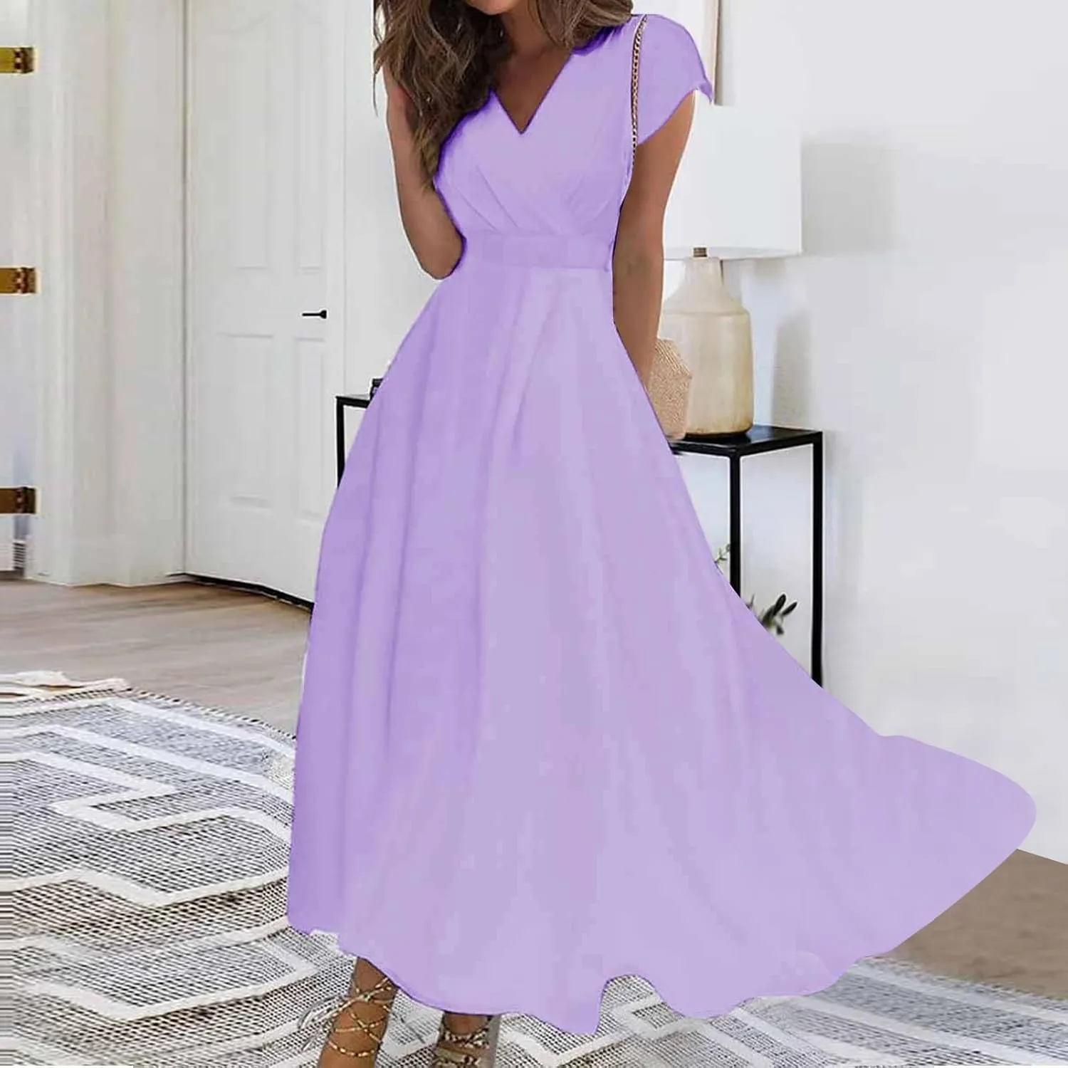 Dresses for Women 2024 Wrap V Neck Flowy Sundresses Cap Sleeve Elegant Maxi Dress Floral Print Swing Beach Dress