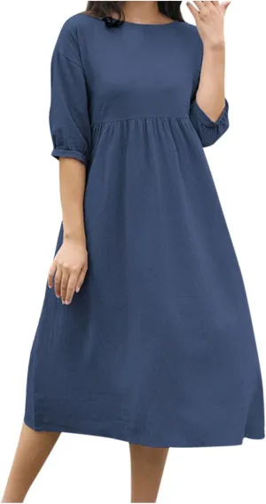 Dresses for Women 2025 Summer Cotton Linen Solid Color Dress Loose Casual Beach Vacation Flowy Midi Dress