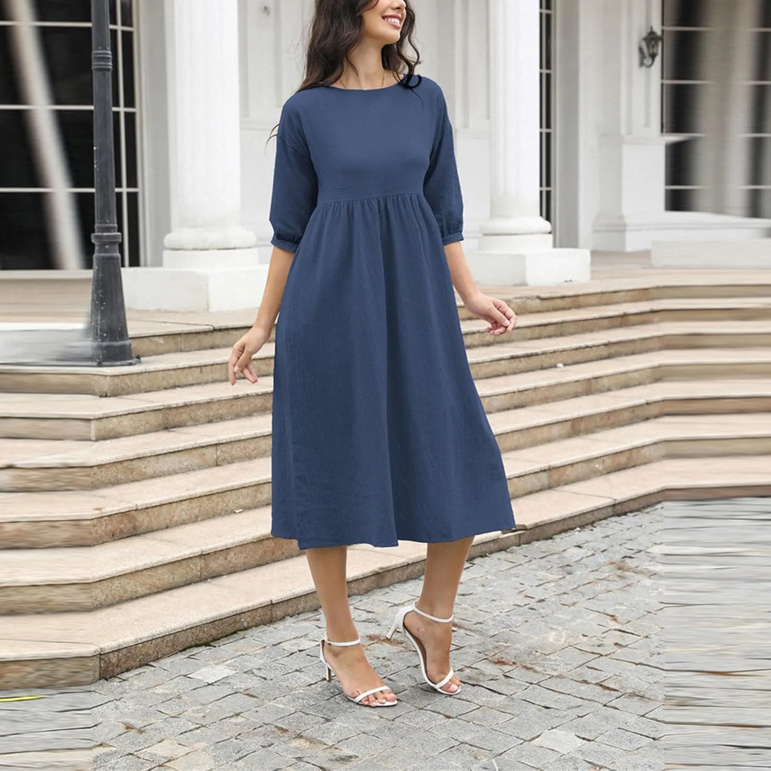 Dresses for Women 2025 Summer Cotton Linen Solid Color Dress Loose Casual Beach Vacation Flowy Midi Dress