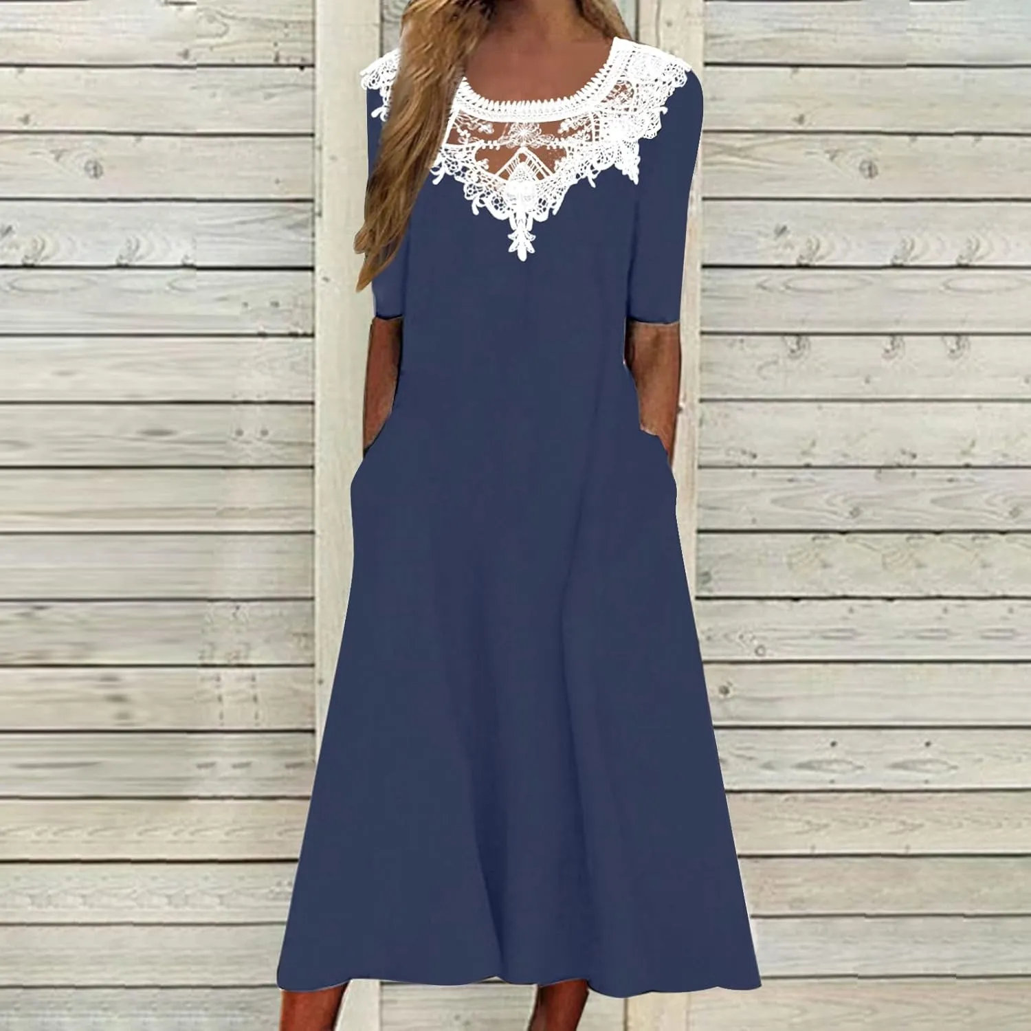 Dresses for Women 2025 Summer Trendy Lace Patchwork Round Neck Short Sleeve Shift Midi Dress with Pocket
