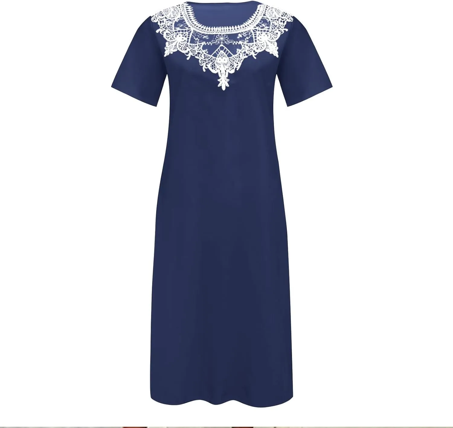 Dresses for Women 2025 Summer Trendy Lace Patchwork Round Neck Short Sleeve Shift Midi Dress with Pocket