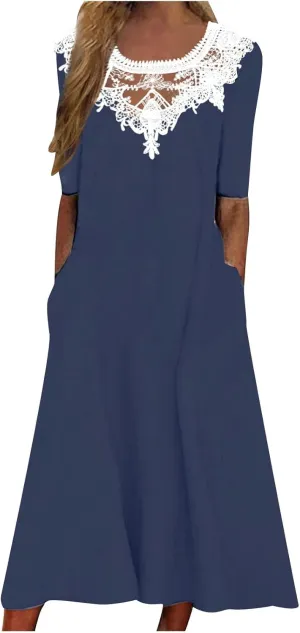 Dresses for Women 2025 Summer Trendy Lace Patchwork Round Neck Short Sleeve Shift Midi Dress with Pocket