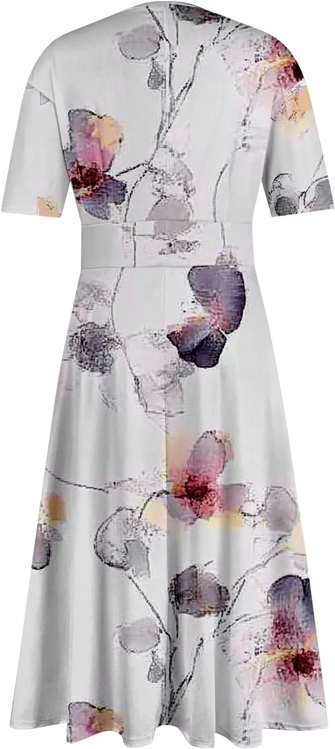 Dresses for Women Casual Floral Printed Oversize Maxi Dress Casual V Neck Short Sleeve Comfy Swing Sundress