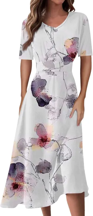 Dresses for Women Casual Floral Printed Oversize Maxi Dress Casual V Neck Short Sleeve Comfy Swing Sundress