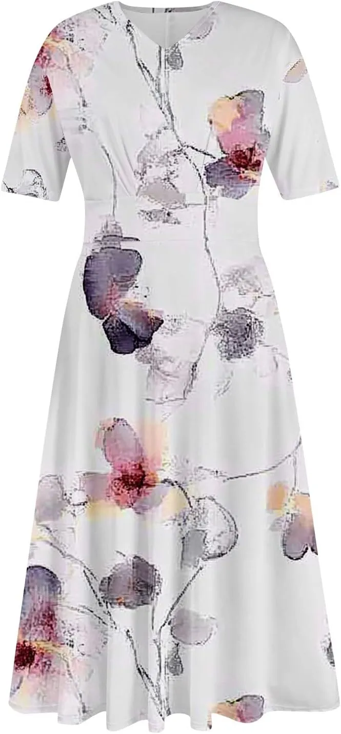 Dresses for Women Casual Floral Printed Oversize Maxi Dress Casual V Neck Short Sleeve Comfy Swing Sundress