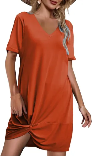 Dresses for Women Casual Loose Beach Dress V Neck Short Sleeve Knot Twist Tie T Shirt Dress Summer Fashion Sundresses