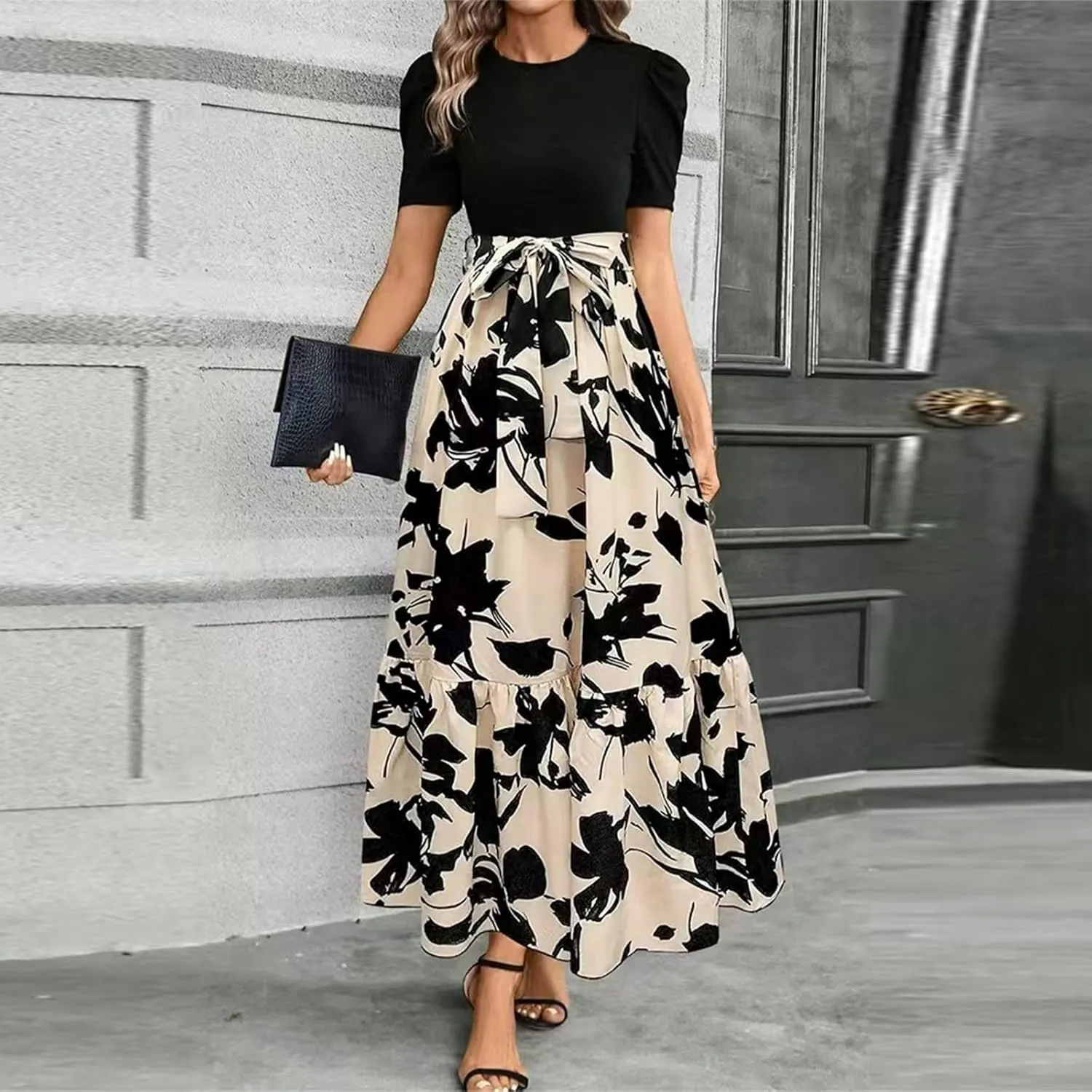 Dresses for Women Crewneck Printed Midi Dress Short Sleeve High Waist Dresses Loose Summer Dress Vintage Flowy Dress