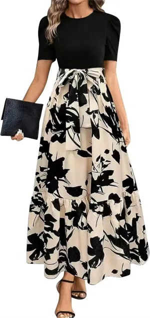 Dresses for Women Crewneck Printed Midi Dress Short Sleeve High Waist Dresses Loose Summer Dress Vintage Flowy Dress