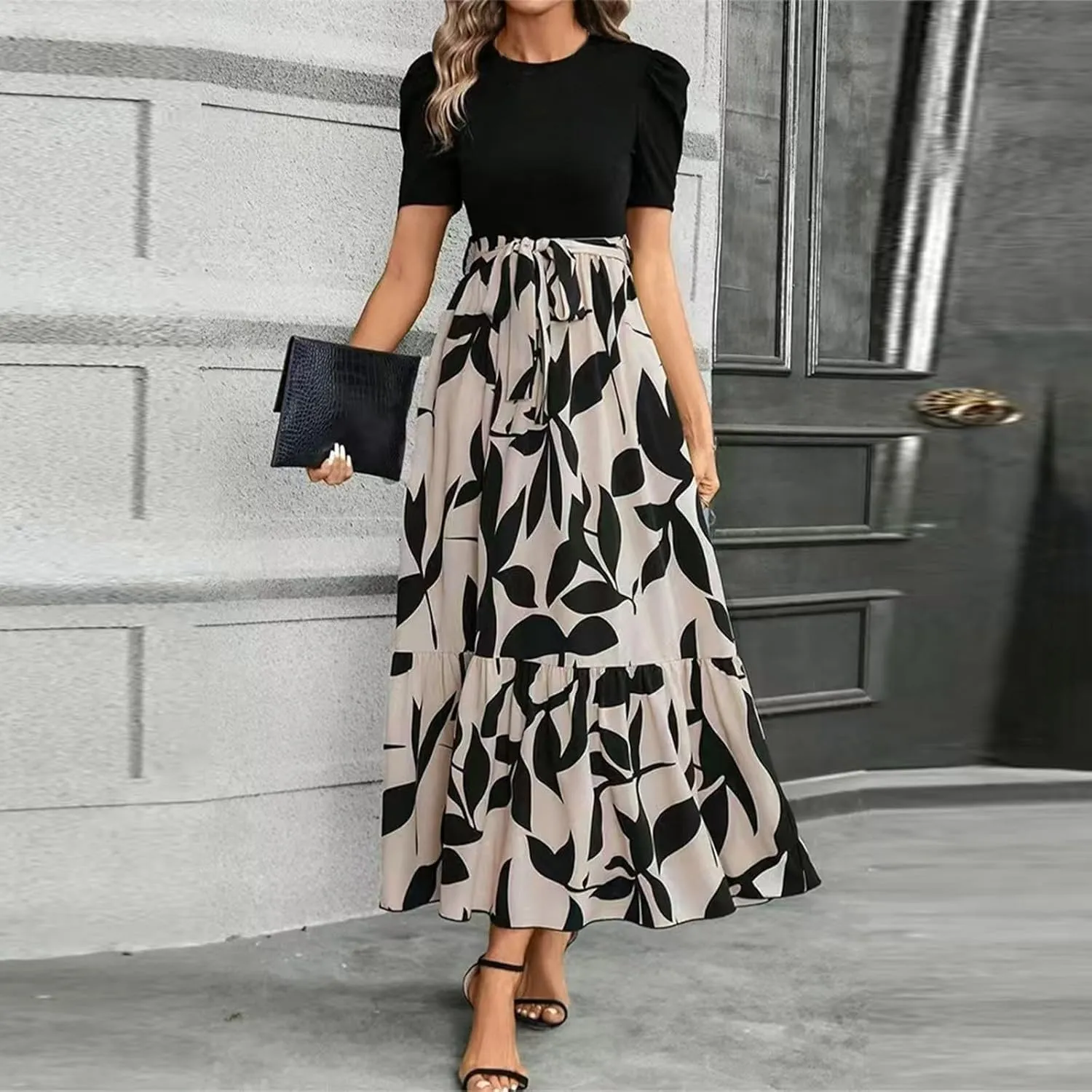 Dresses for Women Crewneck Printed Midi Dress Short Sleeve High Waist Dresses Loose Summer Dress Vintage Flowy Dress
