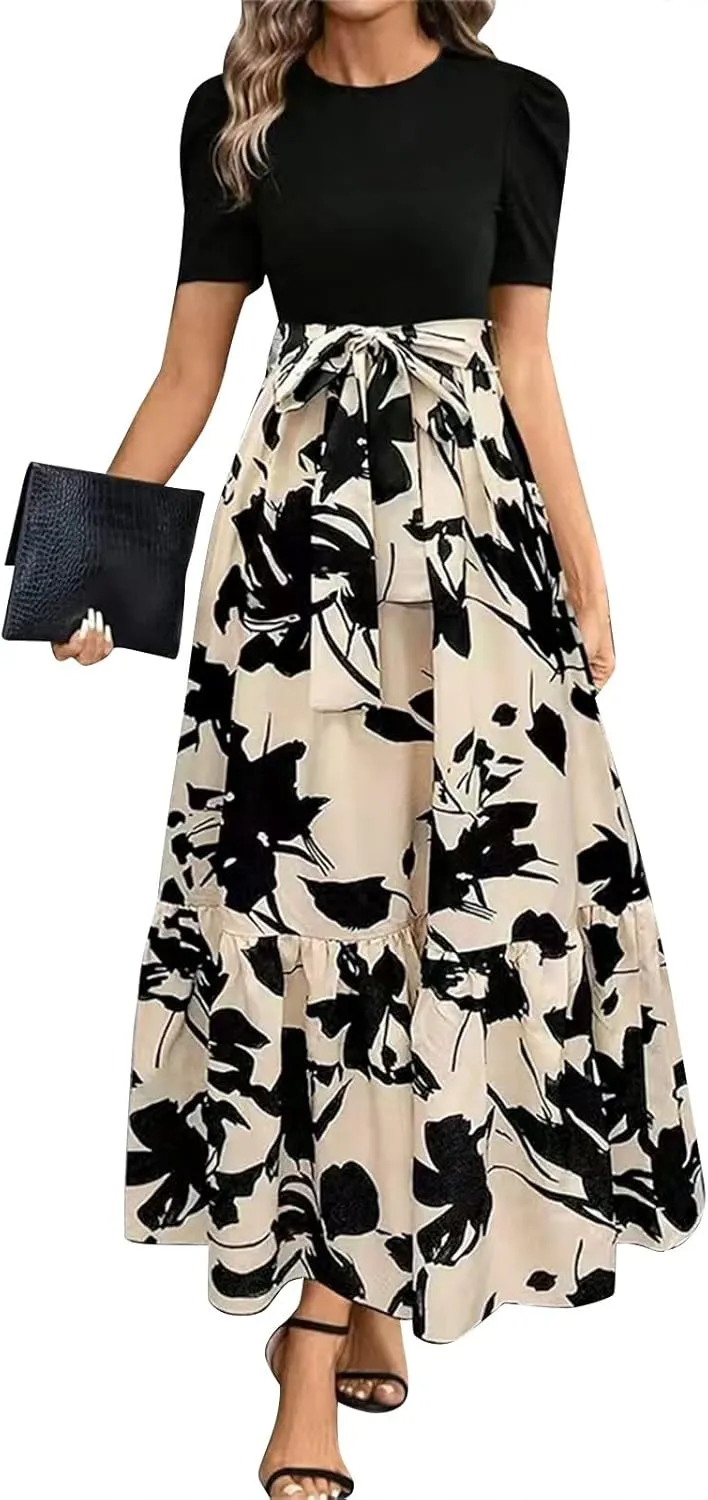 Dresses for Women Crewneck Printed Midi Dress Short Sleeve High Waist Dresses Loose Summer Dress Vintage Flowy Dress
