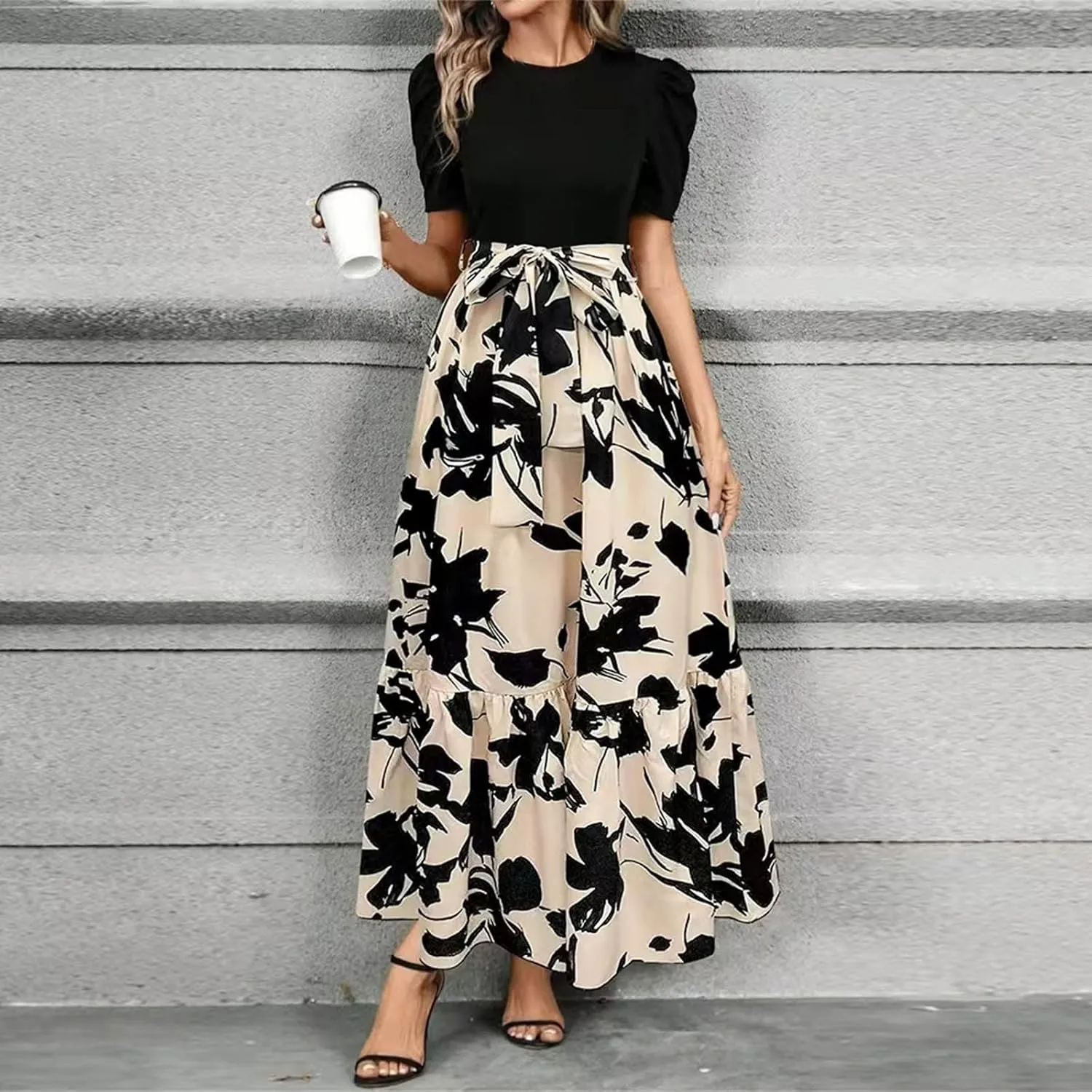 Dresses for Women Crewneck Printed Midi Dress Short Sleeve High Waist Dresses Loose Summer Dress Vintage Flowy Dress