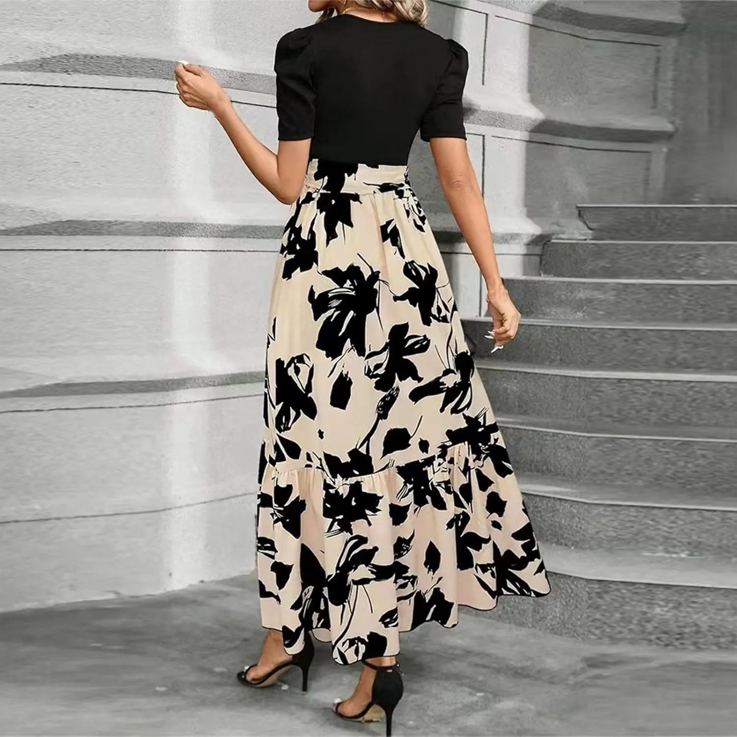 Dresses for Women Crewneck Printed Midi Dress Short Sleeve High Waist Dresses Loose Summer Dress Vintage Flowy Dress