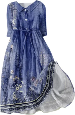 Dresses for Women Summer Floral Long Dress Trendy 3/4 Sleeve Wrap Flowy Beach Dress A Line Boho Vacation Dresses