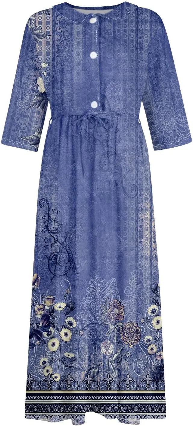 Dresses for Women Summer Floral Long Dress Trendy 3/4 Sleeve Wrap Flowy Beach Dress A Line Boho Vacation Dresses