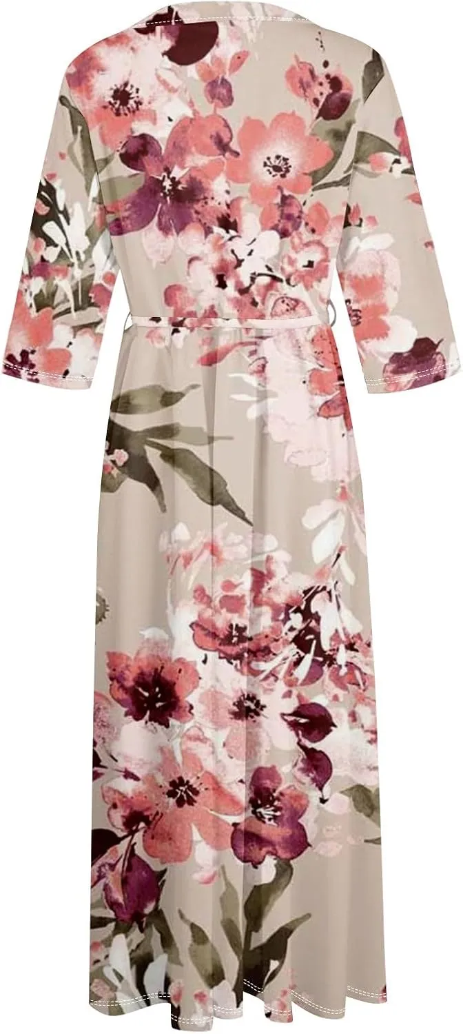 Dresses for Women Summer Floral Long Dress Trendy 3/4 Sleeve Wrap Flowy Beach Dress A Line Boho Vacation Dresses