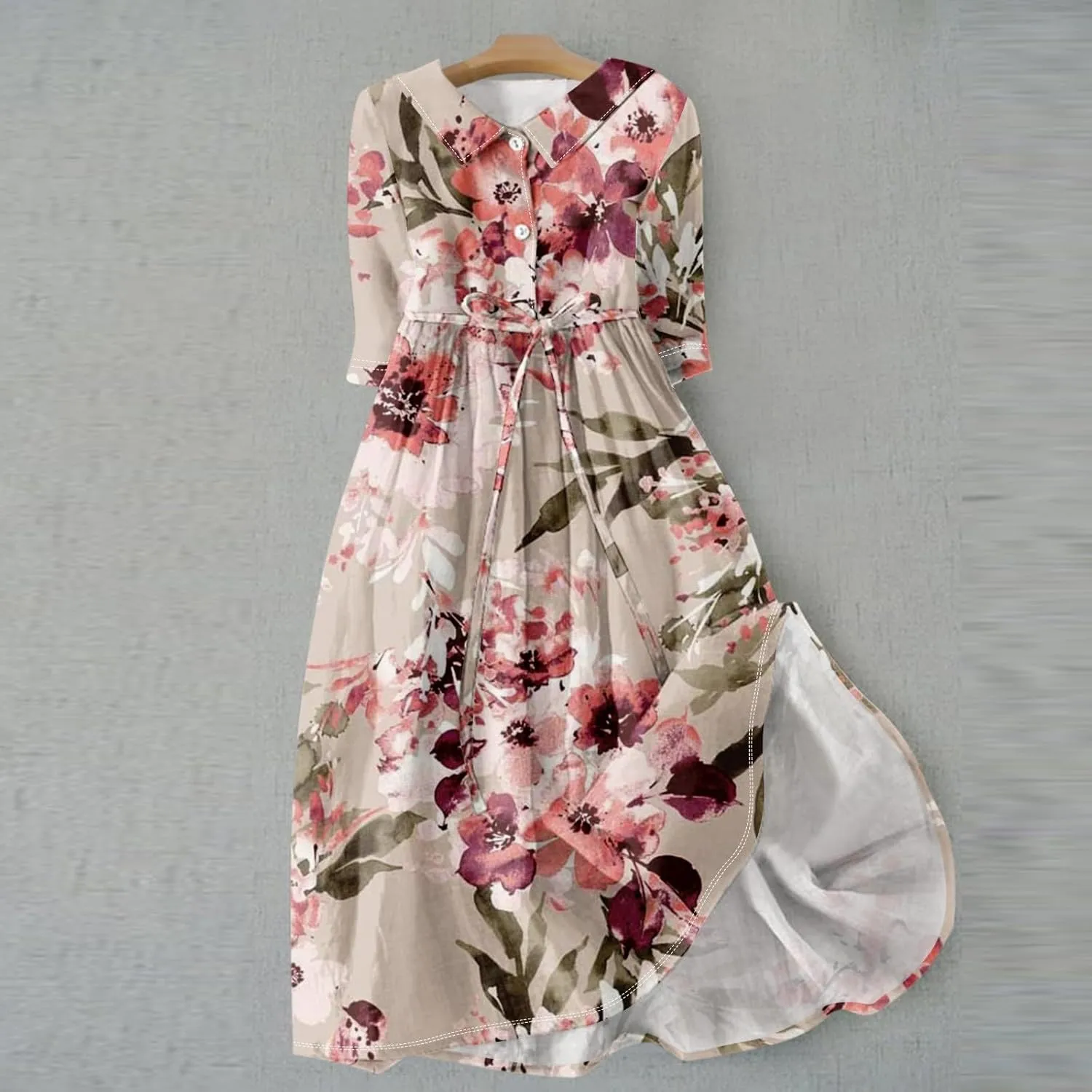 Dresses for Women Summer Floral Long Dress Trendy 3/4 Sleeve Wrap Flowy Beach Dress A Line Boho Vacation Dresses