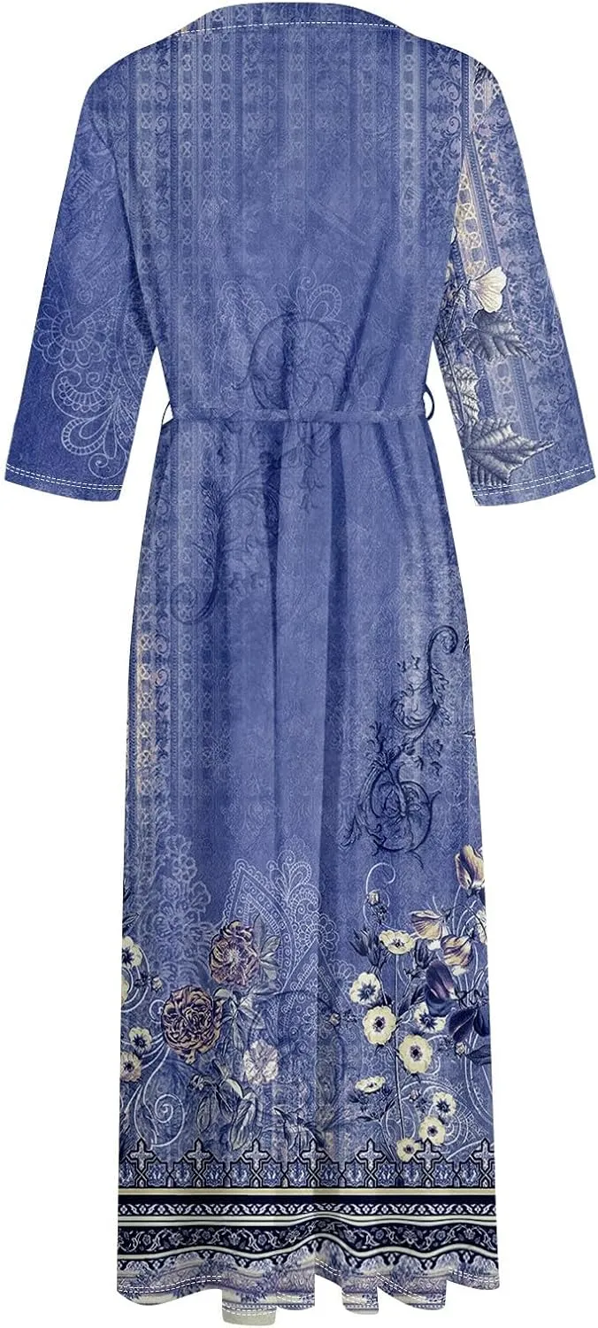 Dresses for Women Summer Floral Long Dress Trendy 3/4 Sleeve Wrap Flowy Beach Dress A Line Boho Vacation Dresses