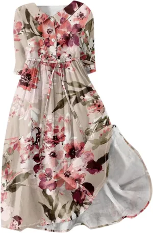 Dresses for Women Summer Floral Long Dress Trendy 3/4 Sleeve Wrap Flowy Beach Dress A Line Boho Vacation Dresses