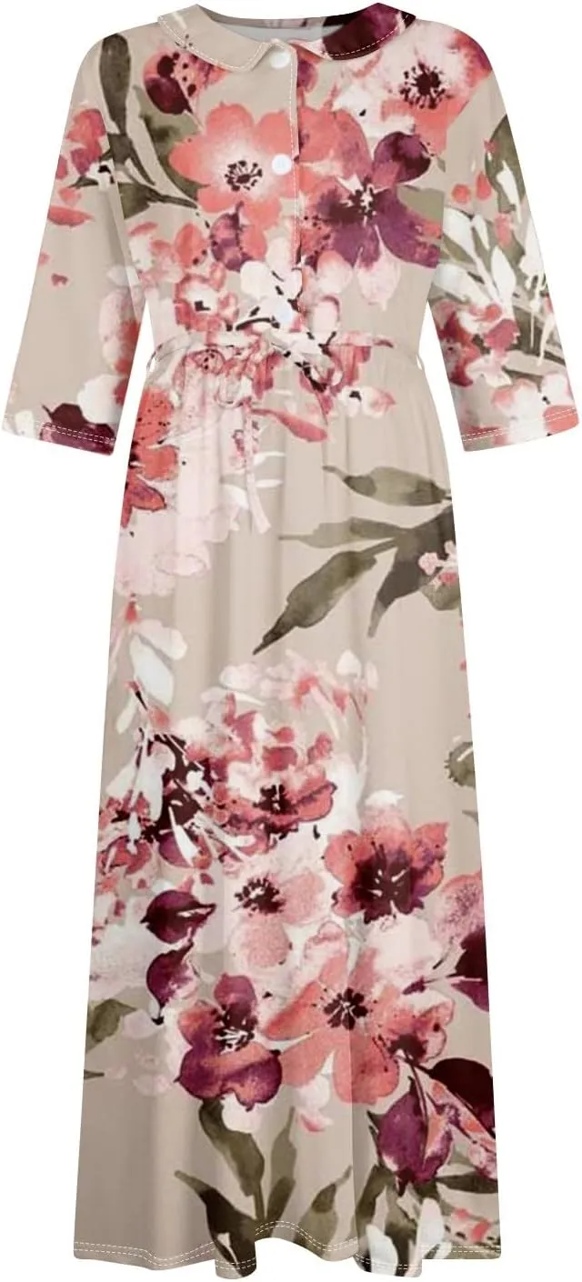 Dresses for Women Summer Floral Long Dress Trendy 3/4 Sleeve Wrap Flowy Beach Dress A Line Boho Vacation Dresses