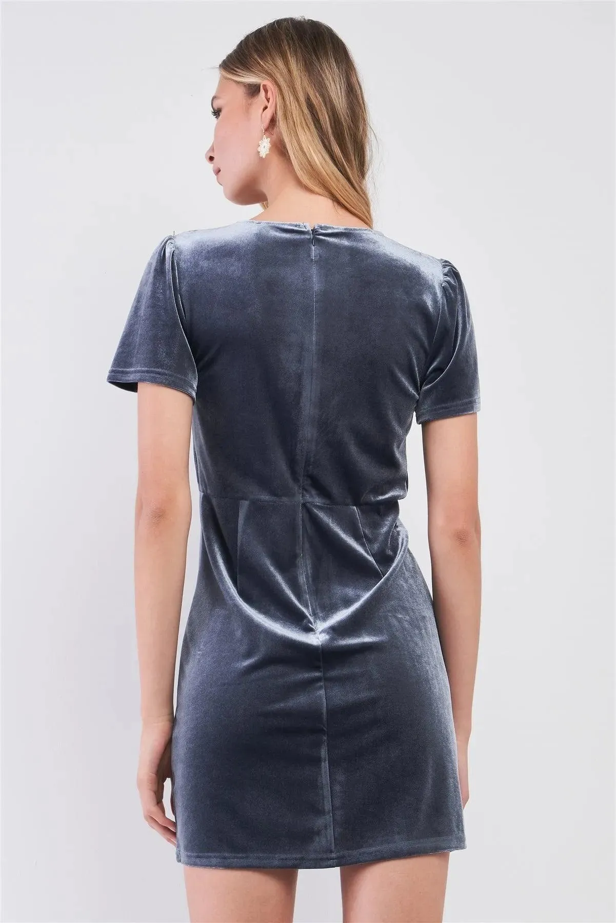 Dusty Blue Velvet Short Sleeve Deep Plunge V-Neck Twisted Front Detail Mini Dress /1-2-2-1