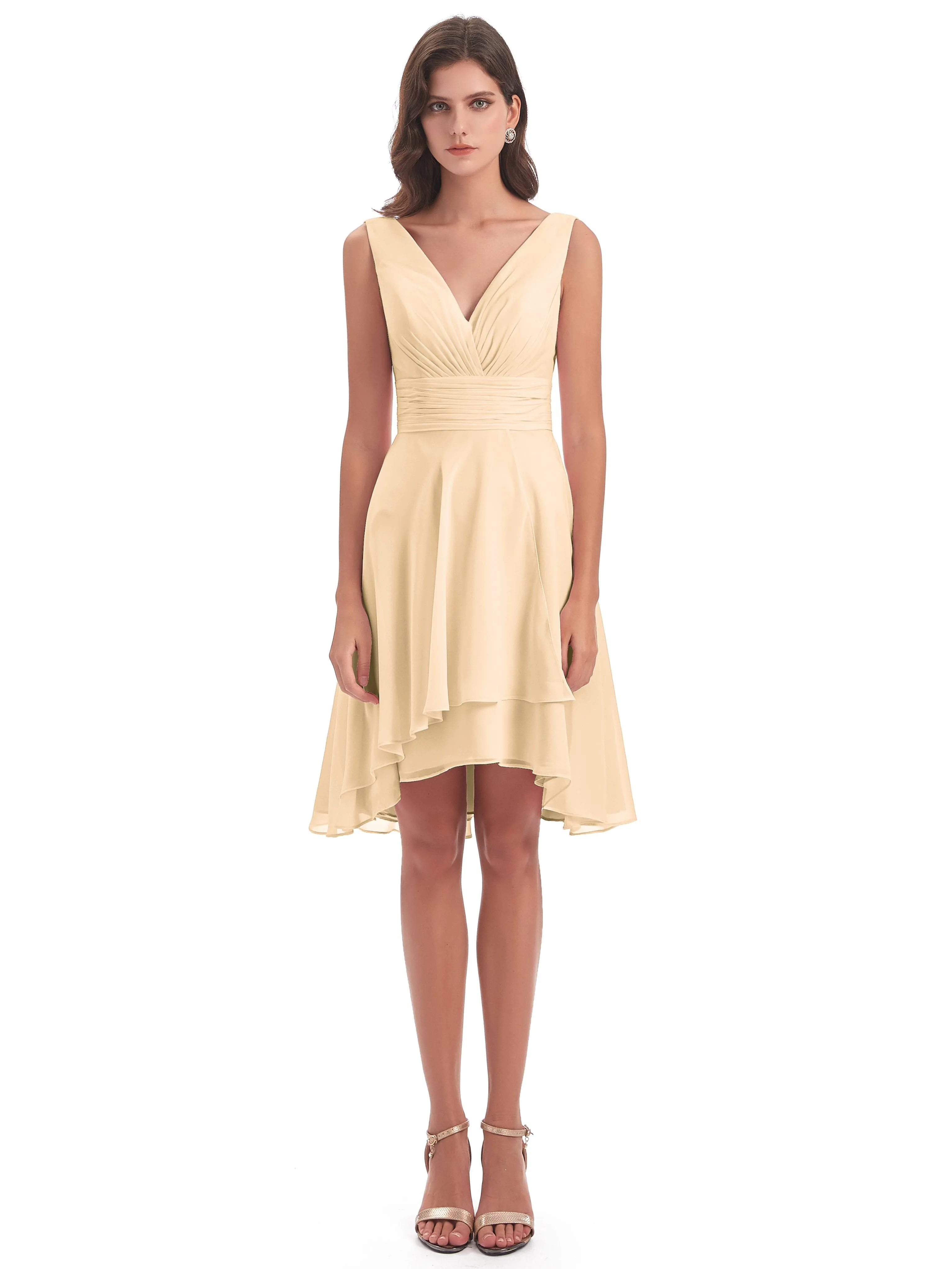Emilia Delightful V-neck High-Low Bridesmaid Dresses