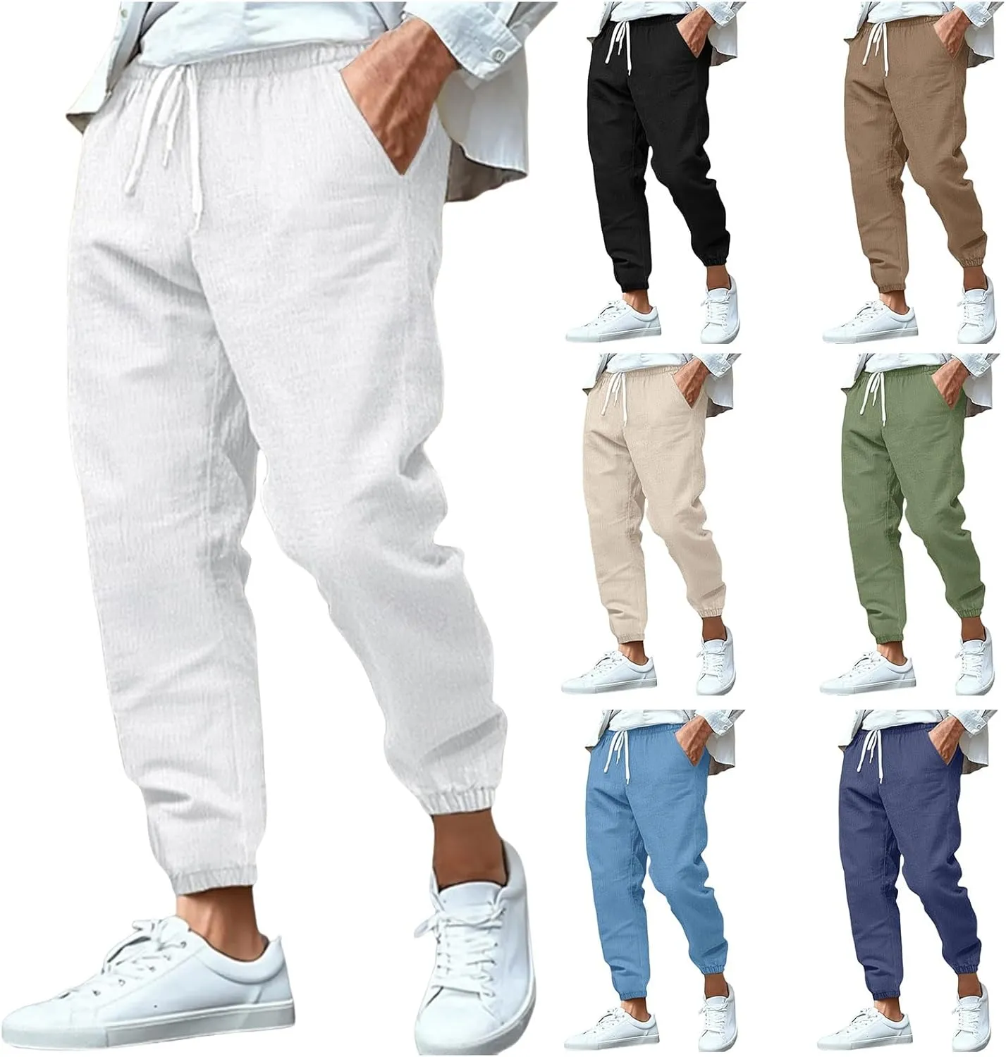 evzosrz Mens Jogger Tapered Pants Fashion Elastic Waist Drawstring Workout Sweatpants Lightweight Casual Cotton Linen Pants