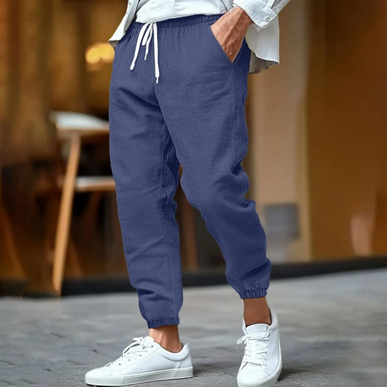 evzosrz Mens Jogger Tapered Pants Fashion Elastic Waist Drawstring Workout Sweatpants Lightweight Casual Cotton Linen Pants