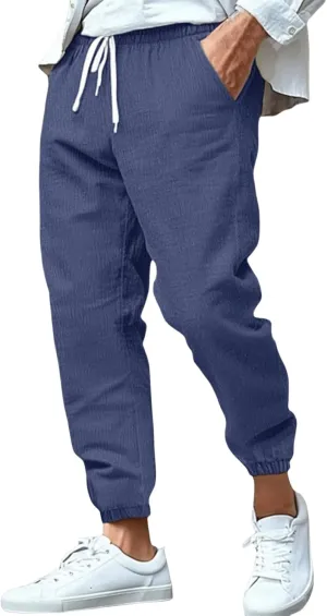 evzosrz Mens Jogger Tapered Pants Fashion Elastic Waist Drawstring Workout Sweatpants Lightweight Casual Cotton Linen Pants